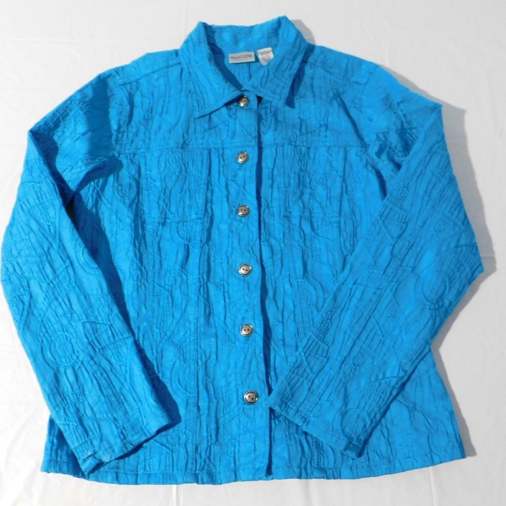 Chicos Size 1 Cotton Short Jacket Shirt Blue Teal Button Front Chest Pockets M